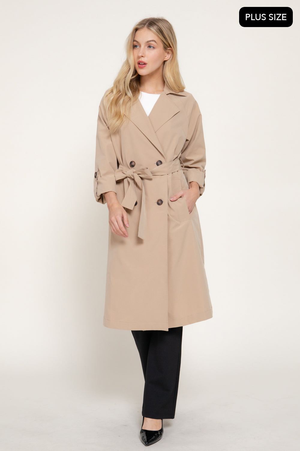 Plus Size Belted Lapel Trench Coat – Black & Light Khaki – Light Khaki – View 4