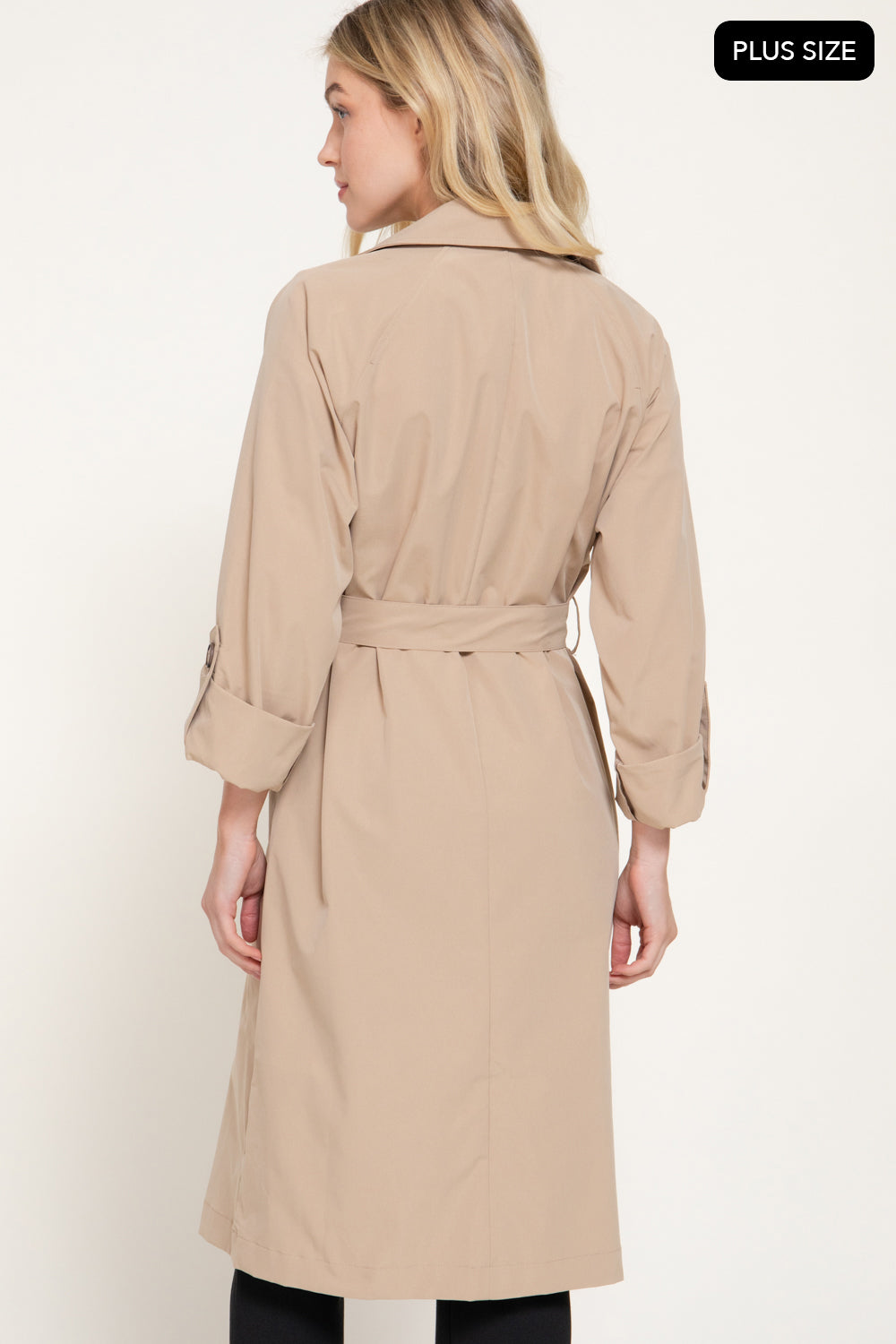 Plus Size Belted Lapel Trench Coat – Black & Light Khaki – Light Khaki – View 5