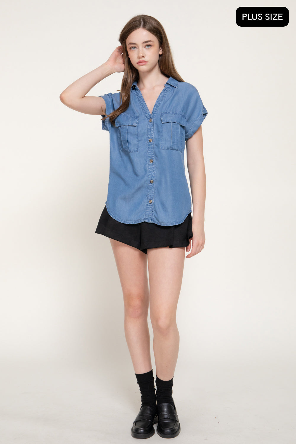 Plus Size Lyocell Dolman-Sleeve Button-Down Shirt – Medium Denim – Medium Denim – View 4