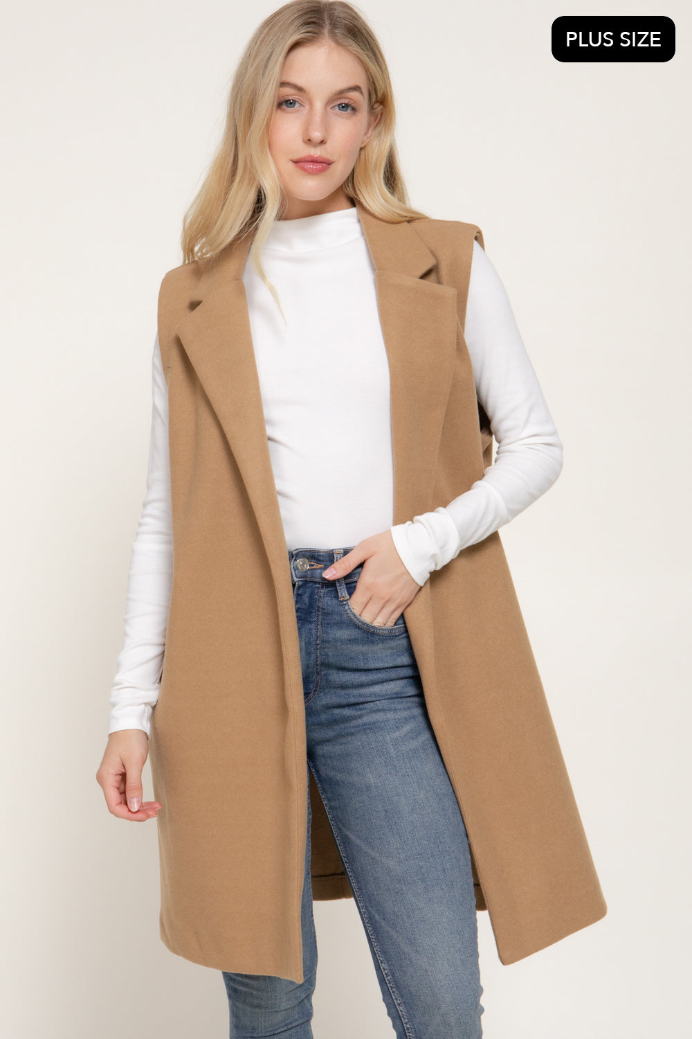 Plus Size Notched-Collar Longline Felt Vest – Black & Dark Beige - Dark Beige
