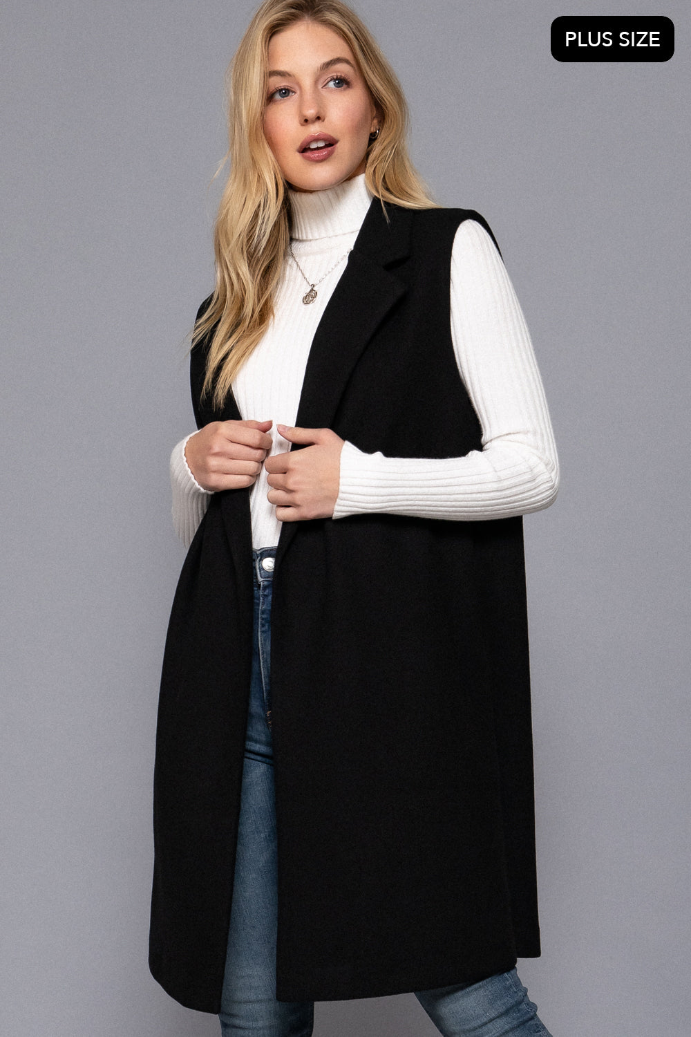 Plus Size Notched-Collar Longline Felt Vest – Black & Dark Beige – Black – View 2