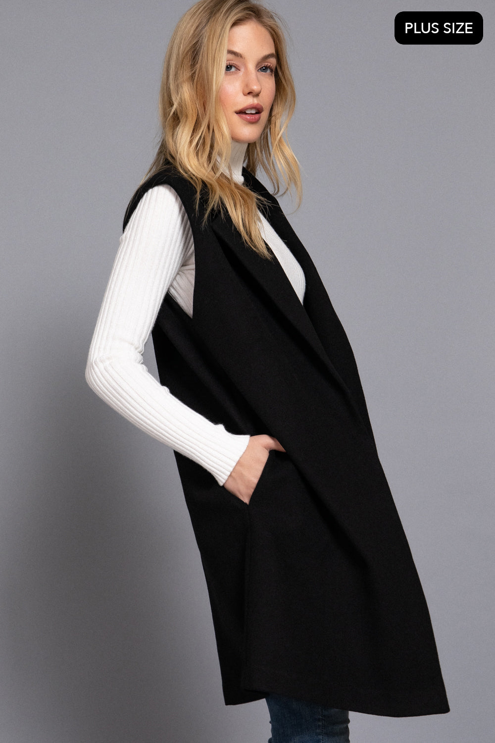 Plus Size Notched-Collar Longline Felt Vest – Black & Dark Beige – Black – View 3