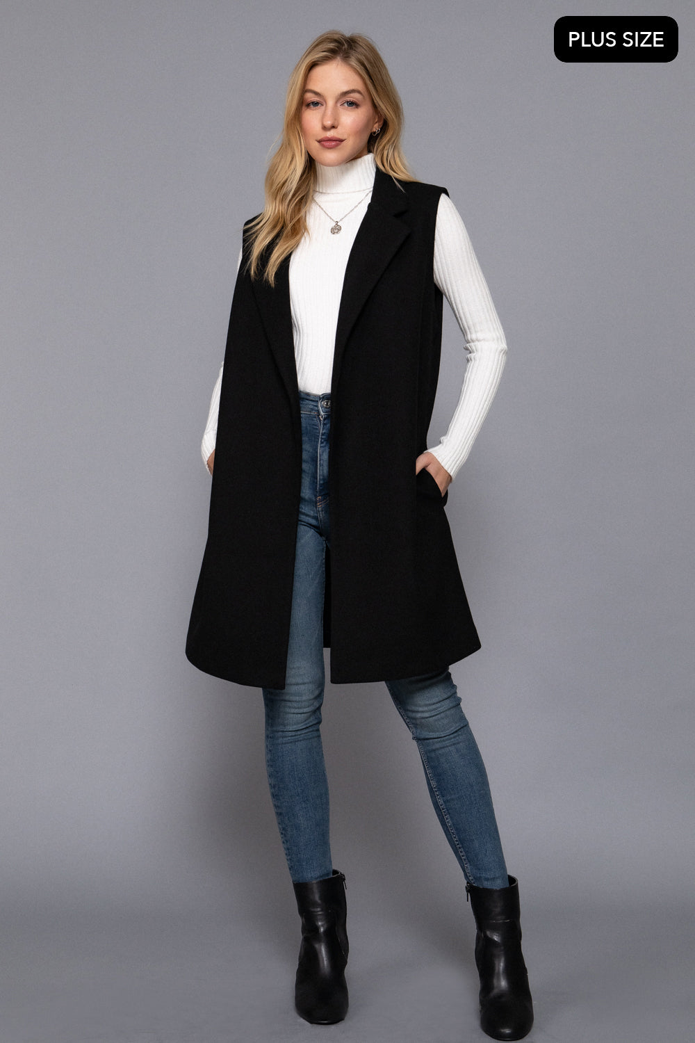 Plus Size Notched-Collar Longline Felt Vest – Black & Dark Beige – Black – View 5