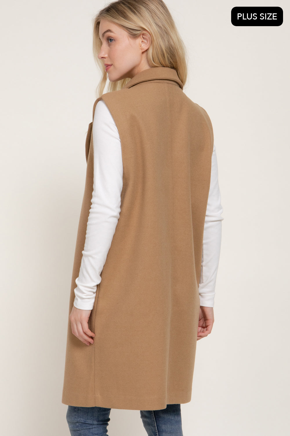 Plus Size Notched-Collar Longline Felt Vest – Black & Dark Beige – Dark Beige – View 4