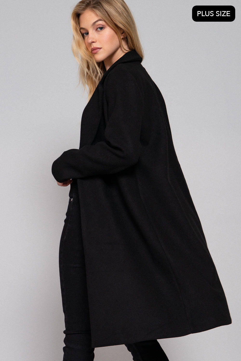 Plus Size Notched-Collar Open-Front Felt Coat – Black – Black – View 2