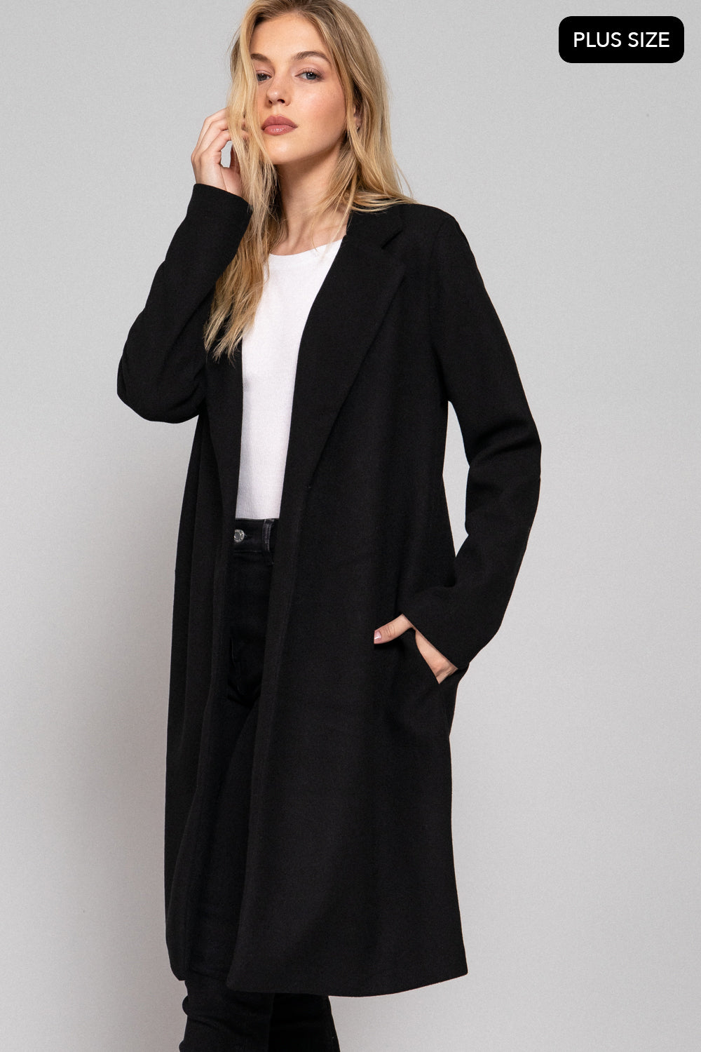 Plus Size Notched-Collar Open-Front Felt Coat – Black – Black – View 3