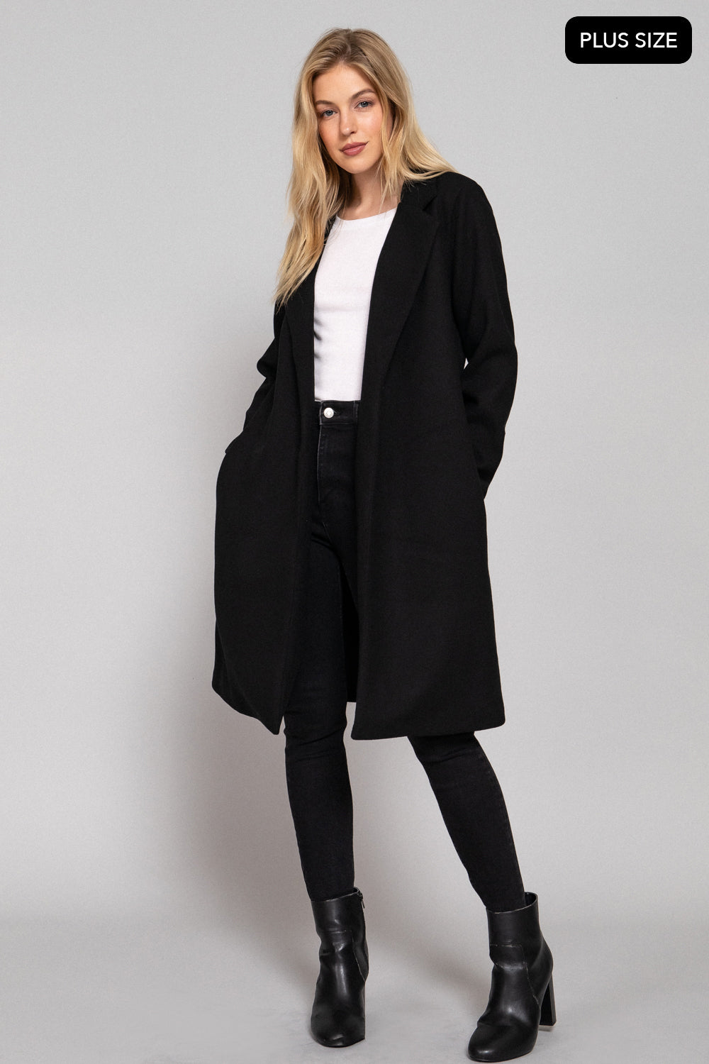 Plus Size Notched-Collar Open-Front Felt Coat – Black – Black – View 4