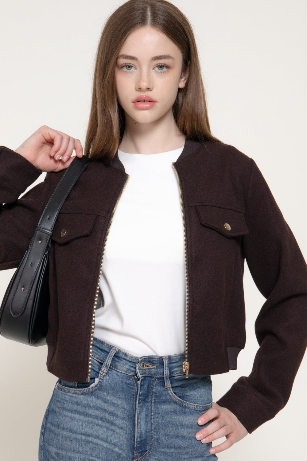 Pocket-Flap Crew-Neck Felt Jacket – Dark Brown - Dark Brown