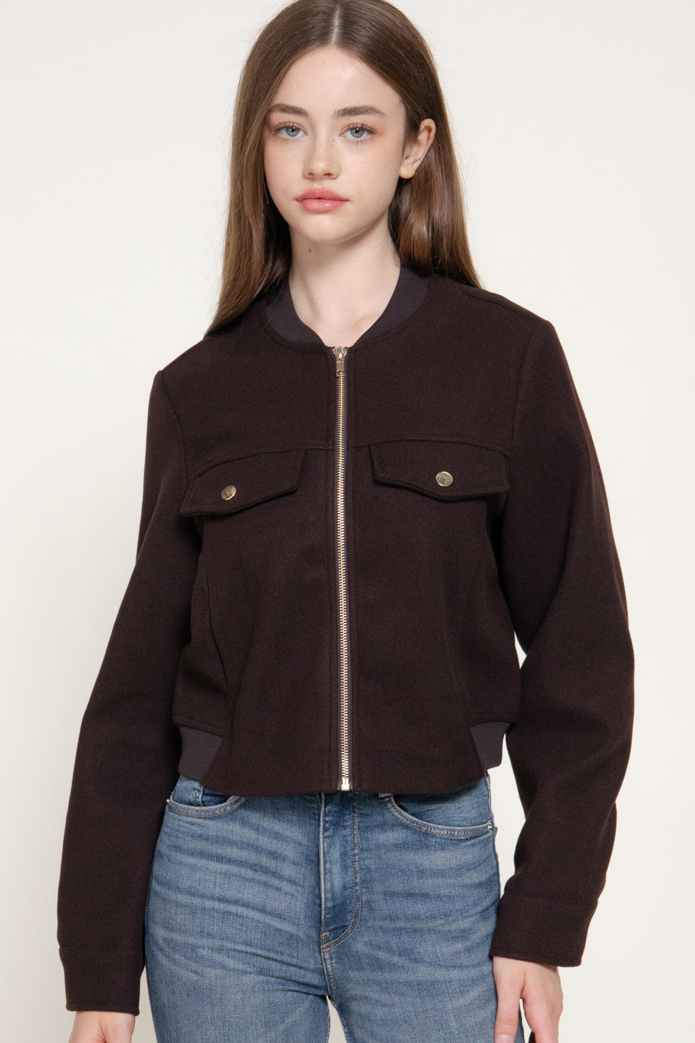 Pocket-Flap Crew-Neck Felt Jacket – Dark Brown – Dark Brown – View 2
