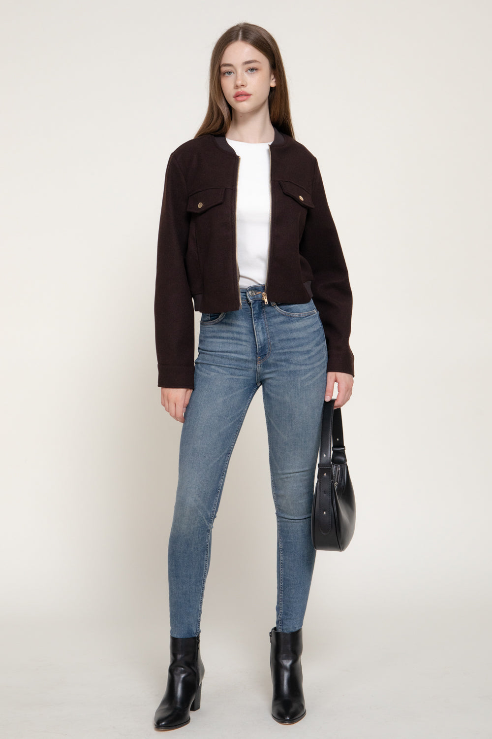 Pocket-Flap Crew-Neck Felt Jacket – Dark Brown – Dark Brown – View 4