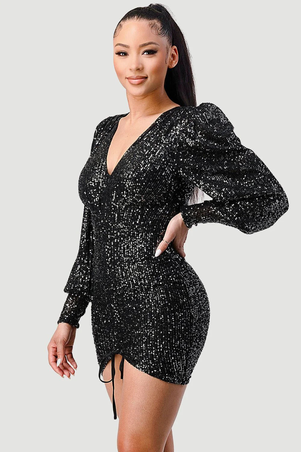 CHIC SEQUIN FRONT DRAWSTRING BISHOP LONG SLEEVE MINI DRESS - Vella Moda