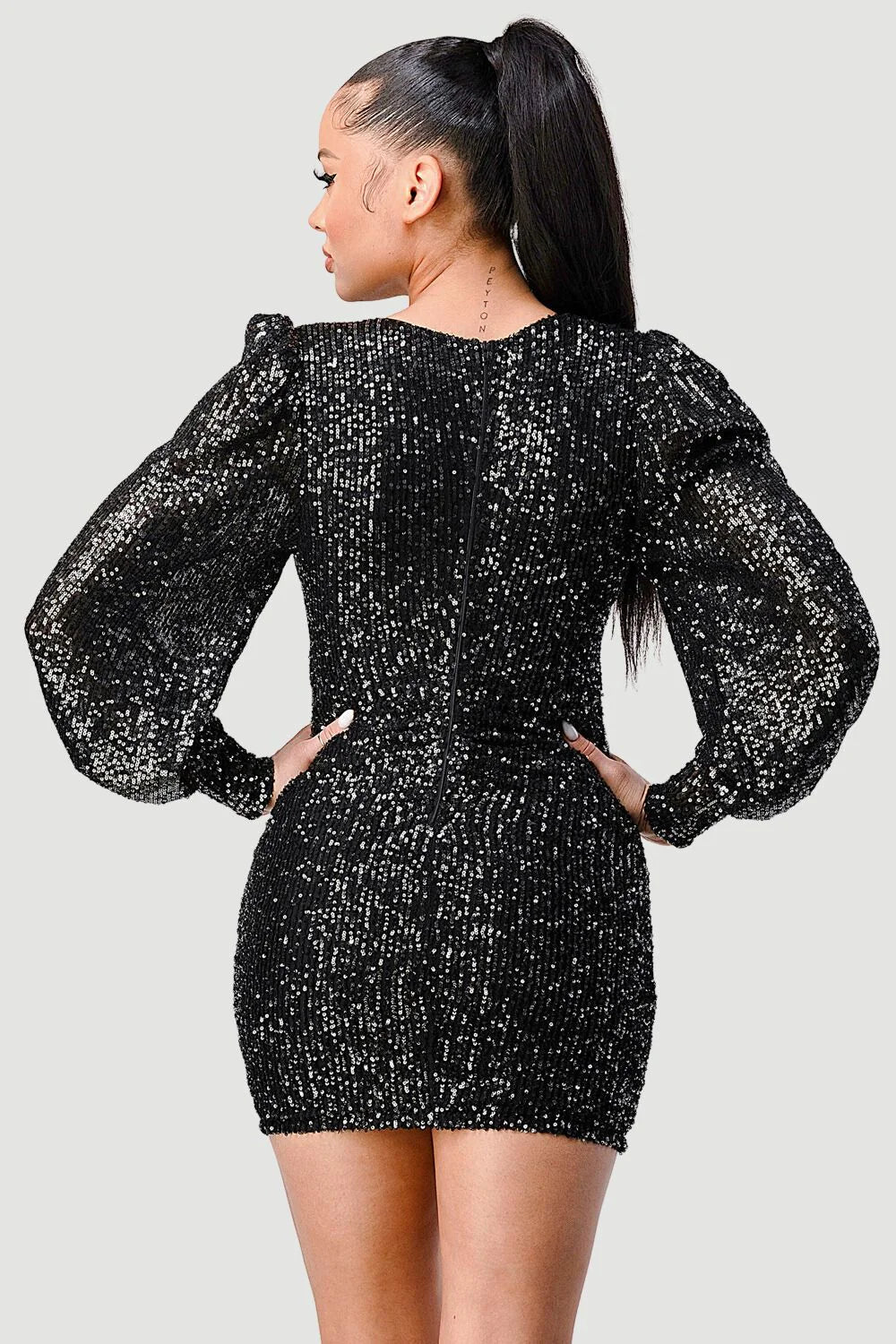 CHIC SEQUIN FRONT DRAWSTRING BISHOP LONG SLEEVE MINI DRESS - Vella Moda