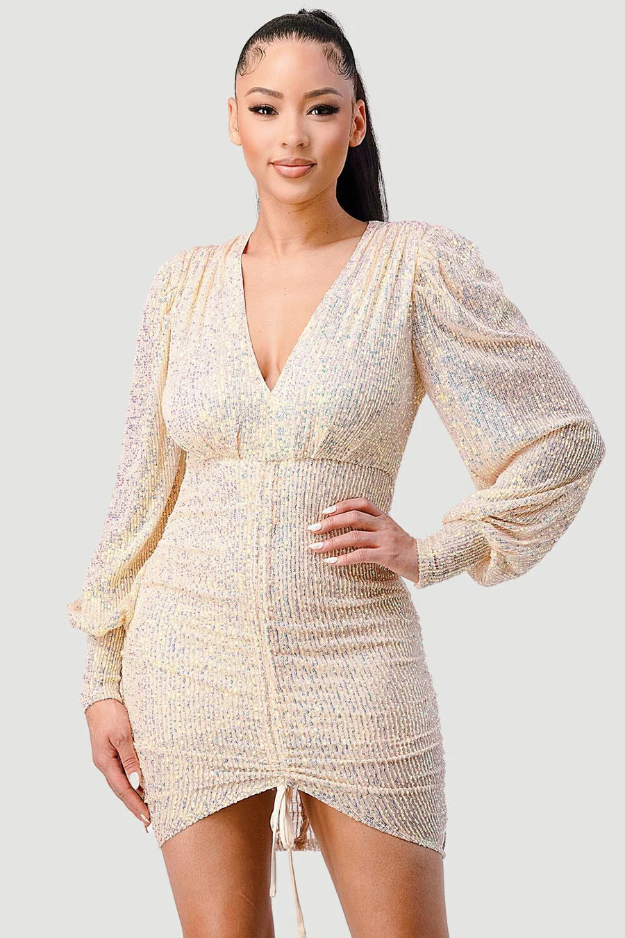 CHIC SEQUIN FRONT DRAWSTRING BISHOP LONG SLEEVE MINI DRESS - Vella Moda