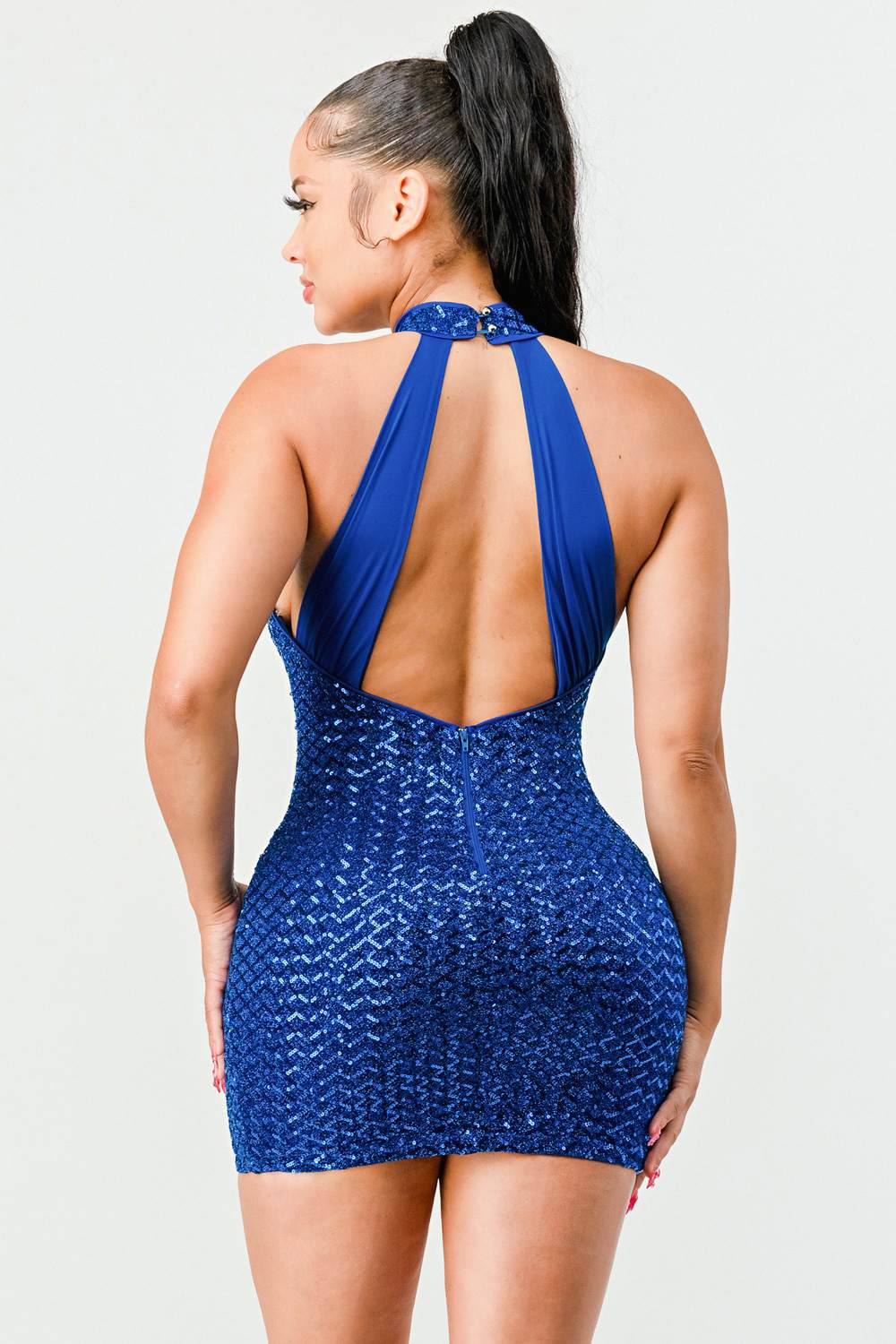 LUX SEQUINS HALTER OPEN BACK SLEEVELESS BODYCON MINI DRESS - Vella Moda
