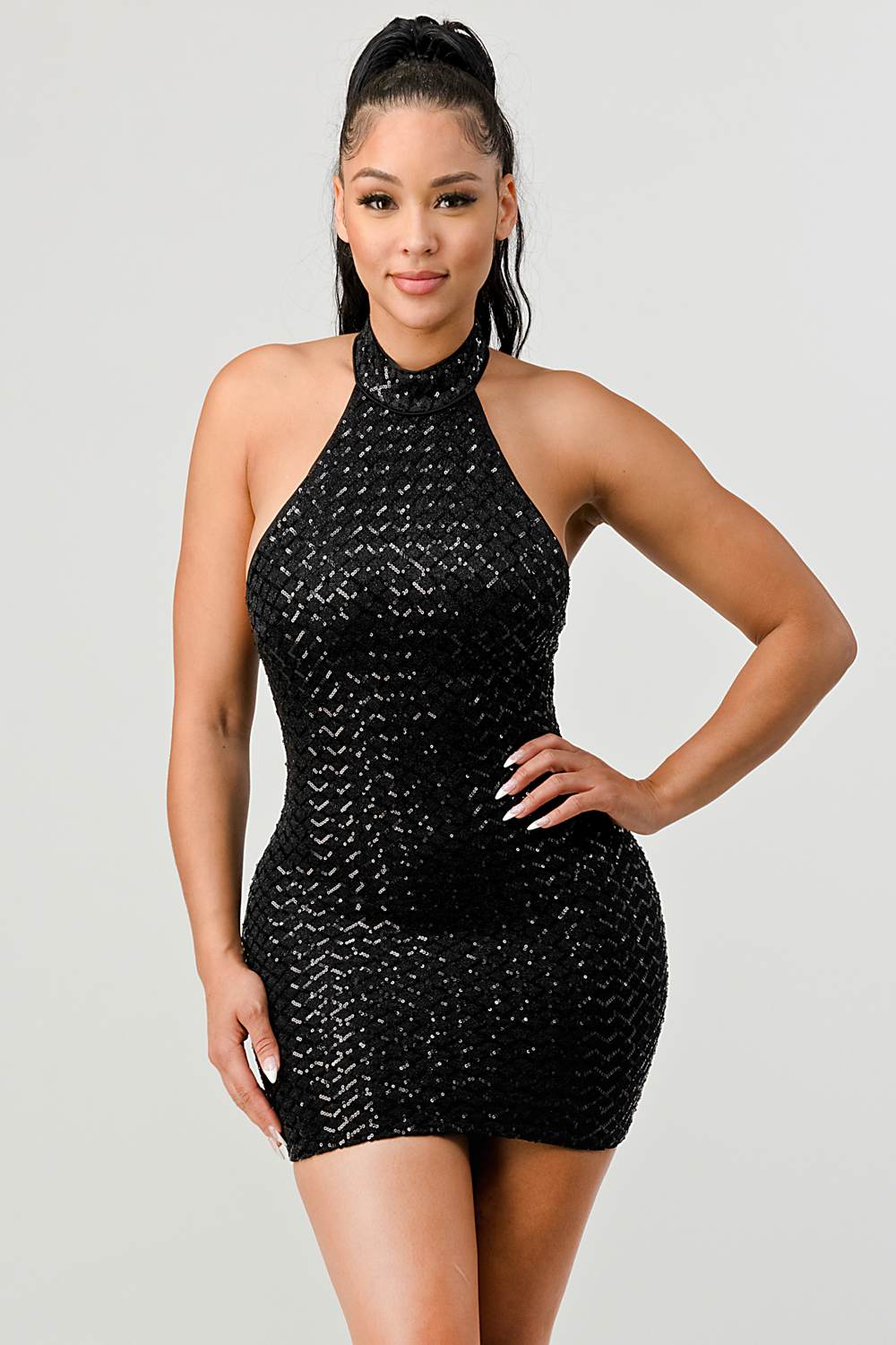 LUX SEQUINS HALTER OPEN BACK SLEEVELESS BODYCON MINI DRESS - Vella Moda