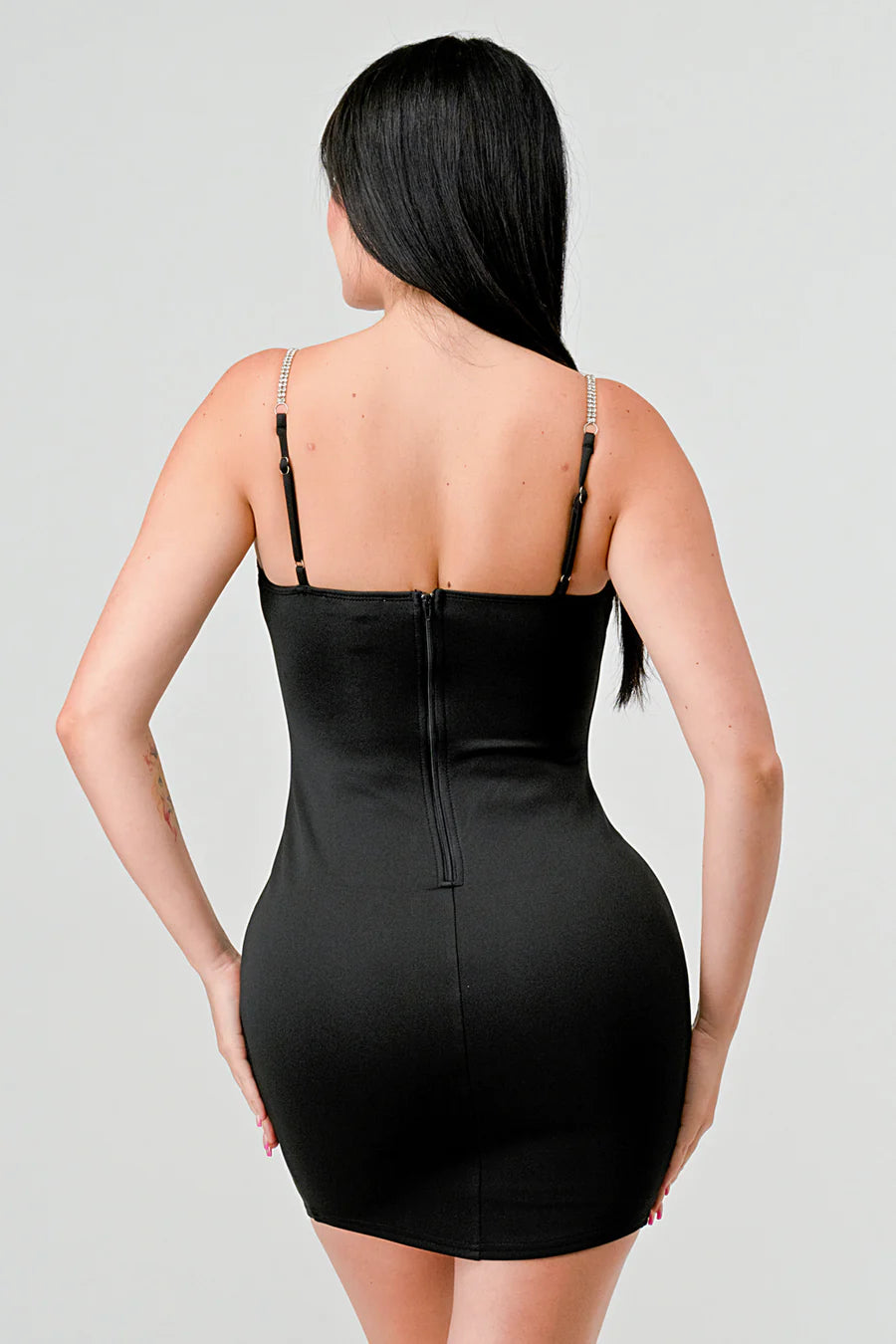 LUX TECHNO EMBELLISHED STRAP BODYCON MINI DRESS - Vella Moda