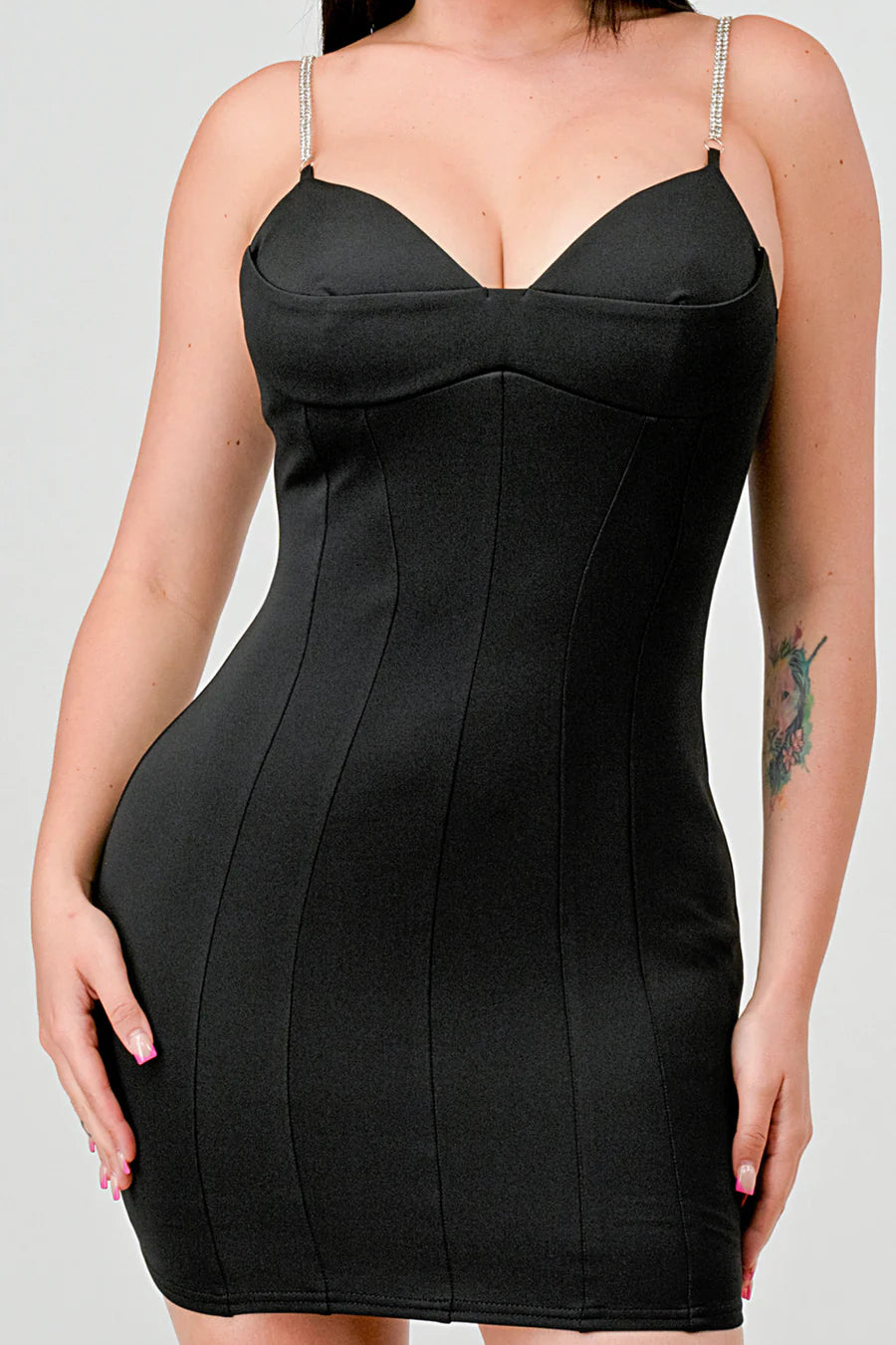 LUX TECHNO EMBELLISHED STRAP BODYCON MINI DRESS - Vella Moda