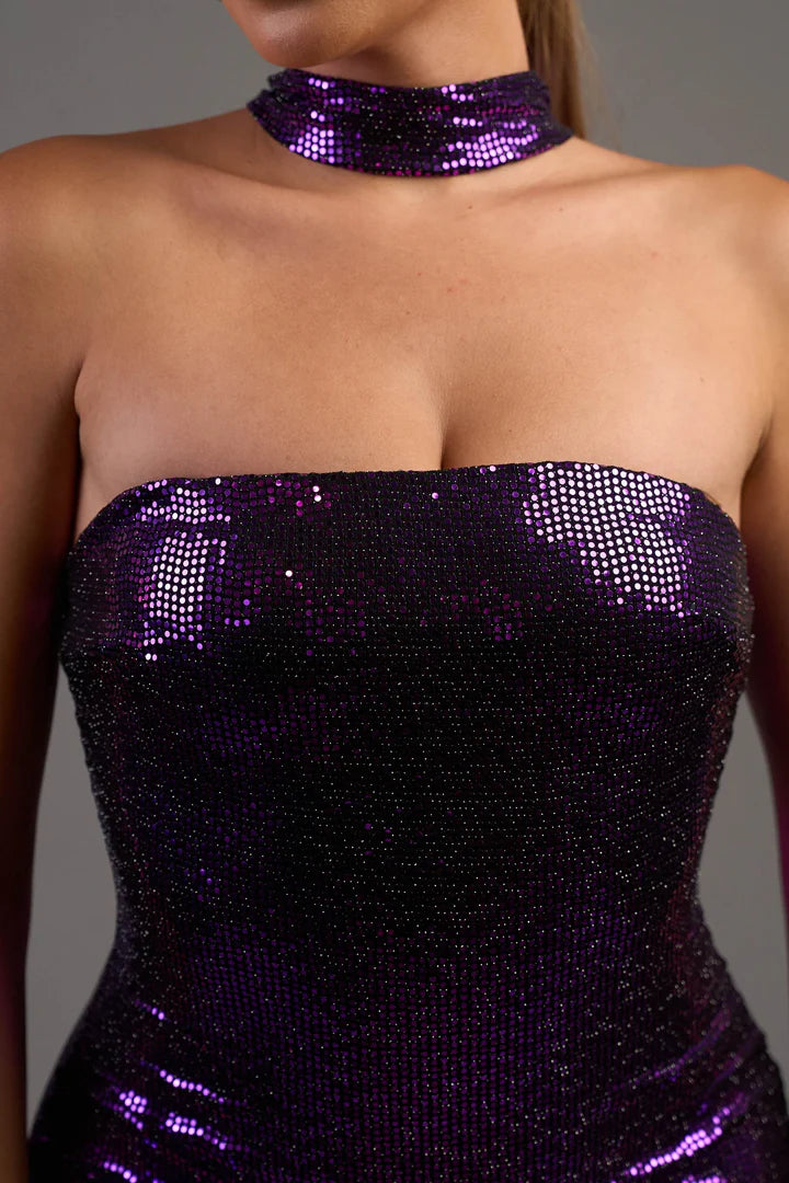 METALLIC GLITTER CHOCKER OFF SHOULDER MINI DRESS - Vella Moda