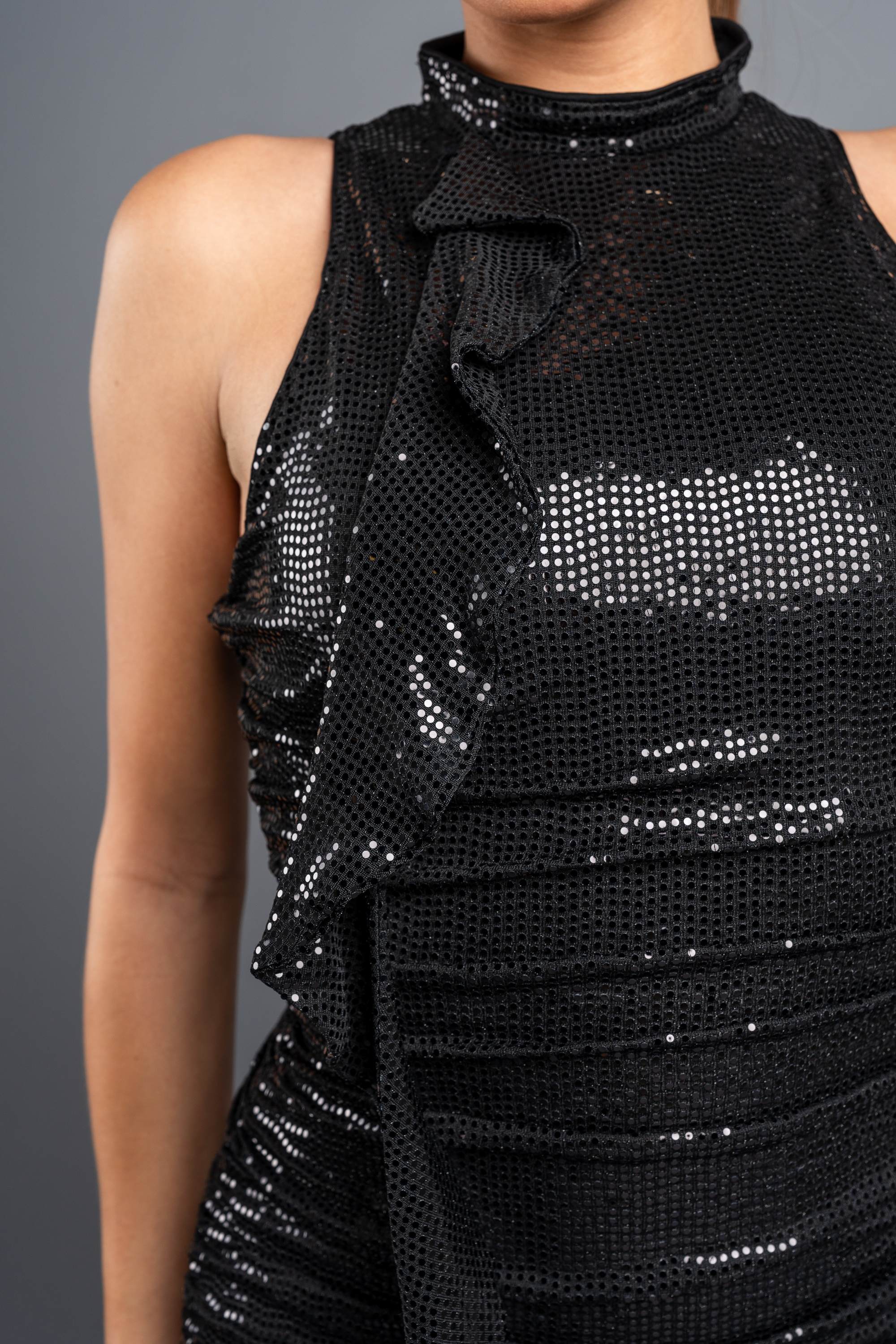 Sequin Ruffled Draped Sleeveless Mini Dress