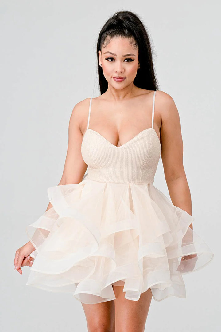 SEQUINS AND TULLE SWEETHEART NECKLINE RUFFLED MINI DRESS - Vella Moda