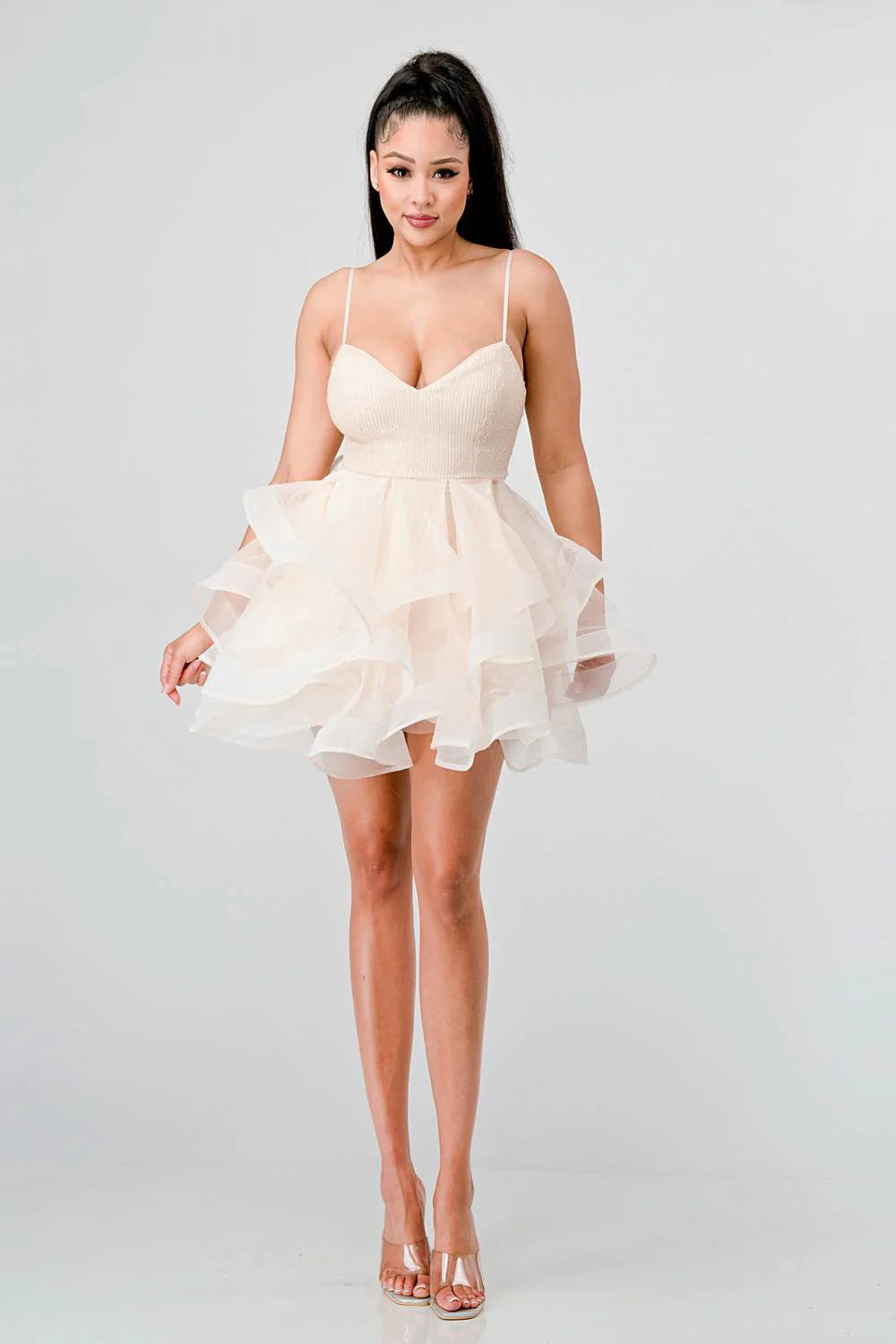 SEQUINS AND TULLE SWEETHEART NECKLINE RUFFLED MINI DRESS - Vella Moda