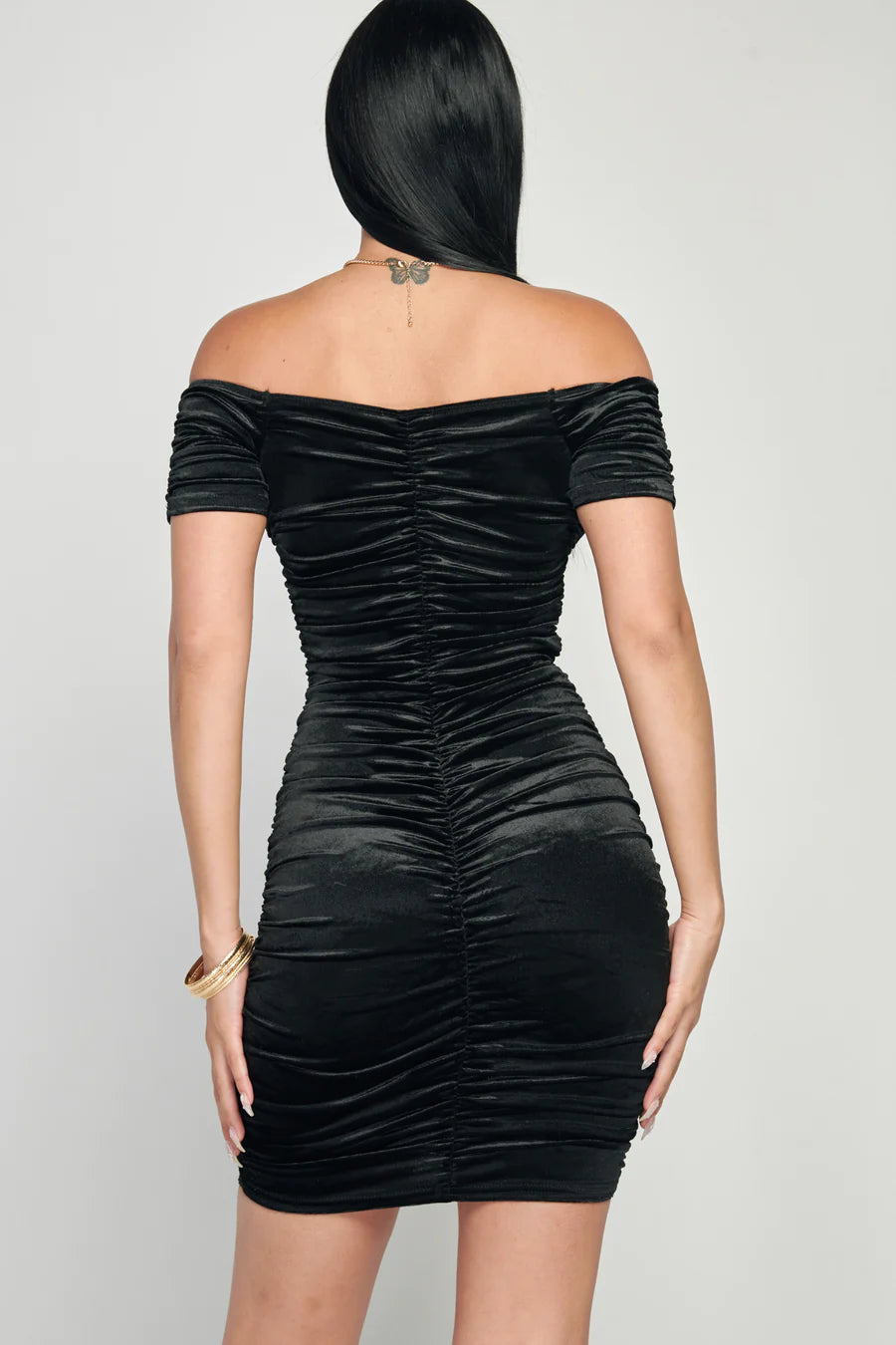 Shiny Velvet Off-Shoulder Ruched Mini Dress - Vella Moda