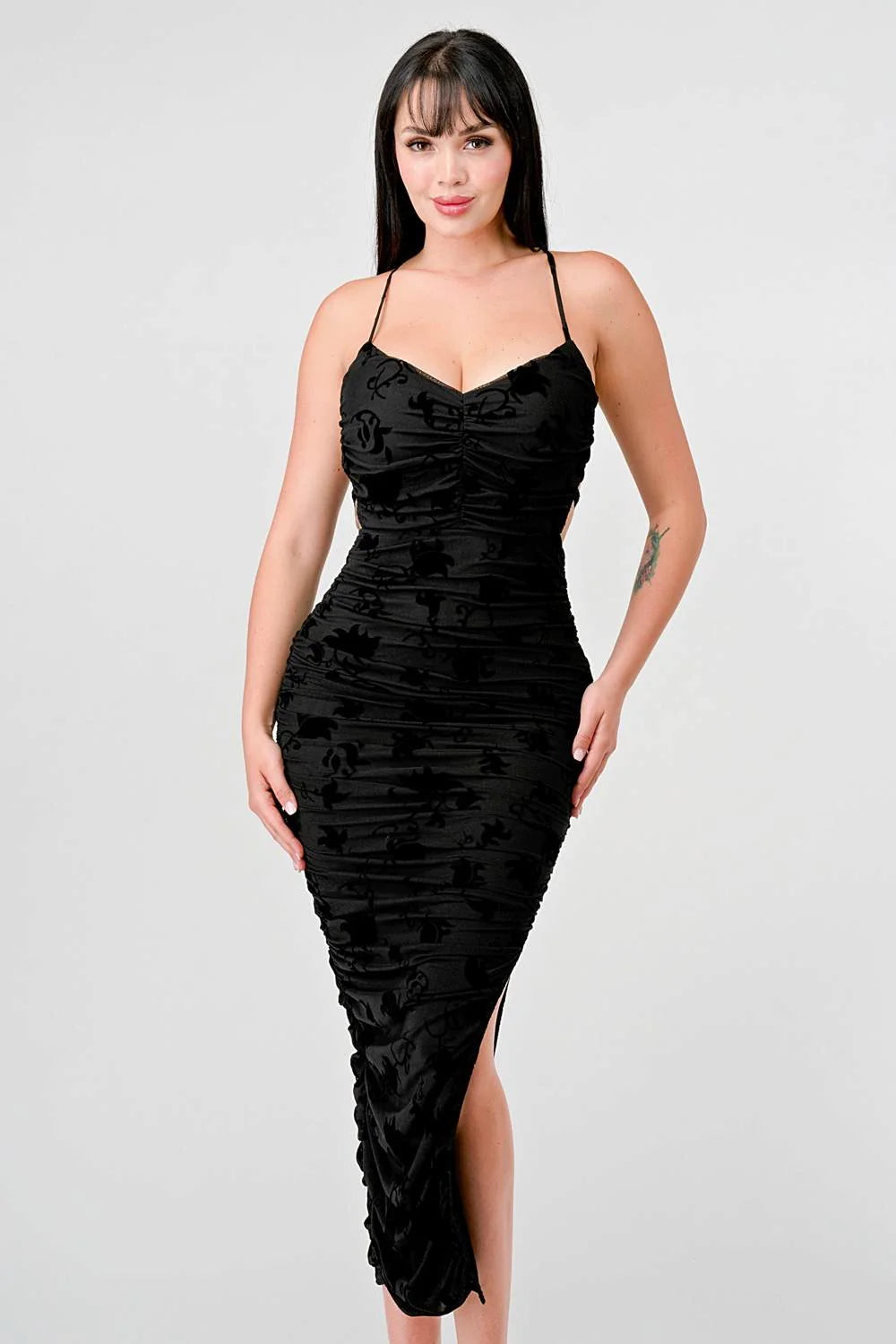 CLASSY MESH VELVET FLOCKING SIDE SLIT DRAWSTRING BACK BODYCON MIDI DRESS - Vella Moda