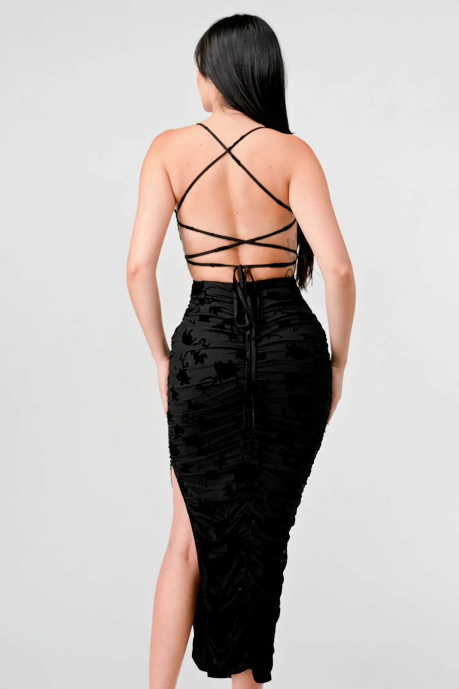 CLASSY MESH VELVET FLOCKING SIDE SLIT DRAWSTRING BACK BODYCON MIDI DRESS - Vella Moda