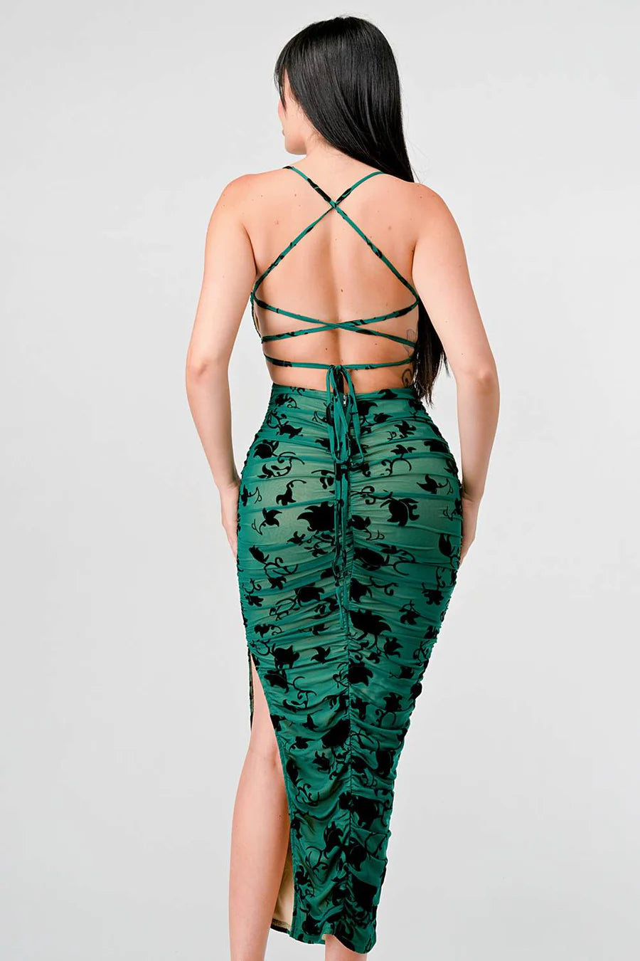CLASSY MESH VELVET FLOCKING SIDE SLIT DRAWSTRING BACK BODYCON MIDI DRESS - Vella Moda