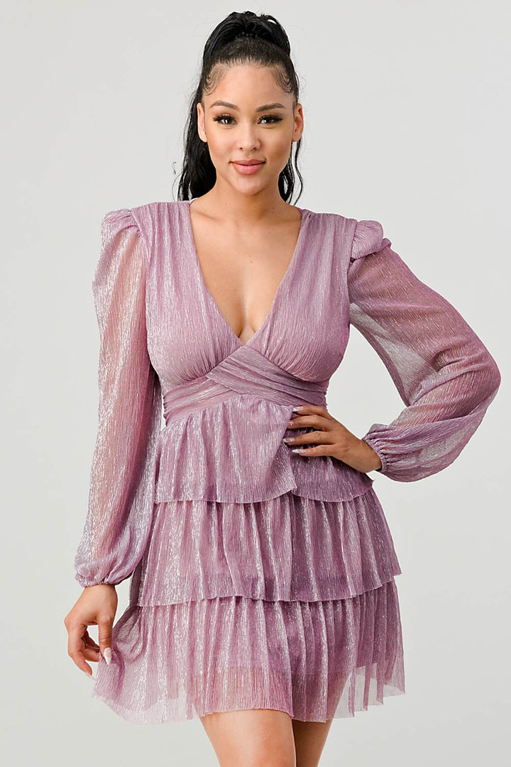 LUX FANTASY GLITTER DEEP V-NECK TIERED PEASANT SLEEVES FIT AND FLARE RUFFLED MINI DRESS - Vella Moda