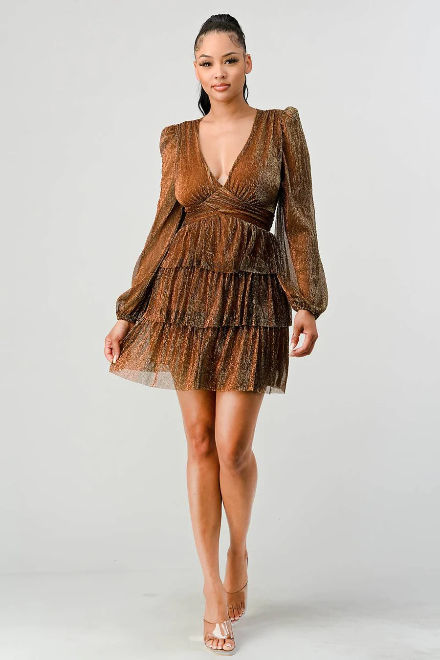 LUX FANTASY GLITTER DEEP V-NECK TIERED PEASANT SLEEVES FIT AND FLARE RUFFLED MINI DRESS - Vella Moda