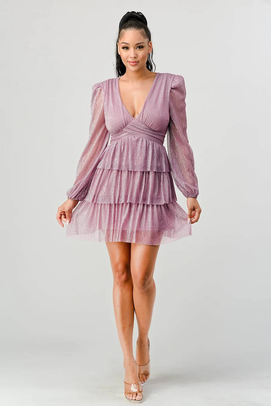 LUX FANTASY GLITTER DEEP V-NECK TIERED PEASANT SLEEVES FIT AND FLARE RUFFLED MINI DRESS - Vella Moda