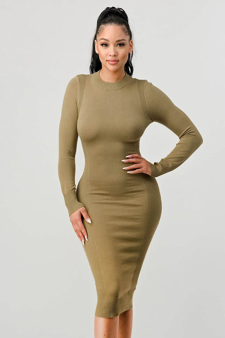 RIB SWEATER KNIT BACK WAIST TIE LONG SLEEVES BODYCON MIDI DRESS - Vella Moda