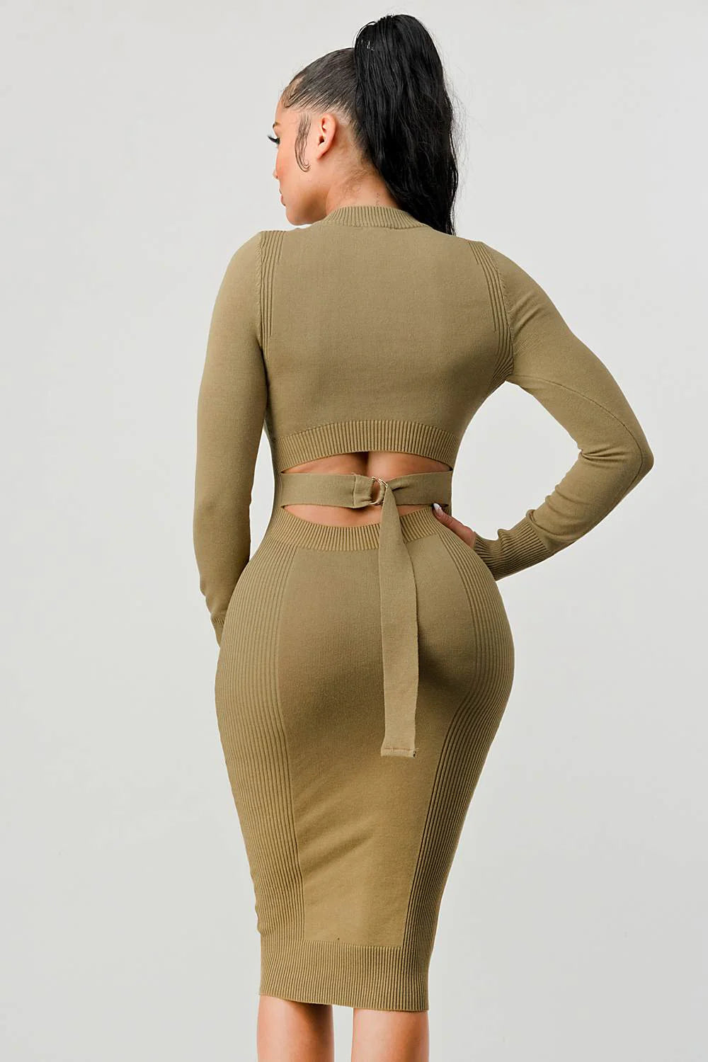 RIB SWEATER KNIT BACK WAIST TIE LONG SLEEVES BODYCON MIDI DRESS - Vella Moda