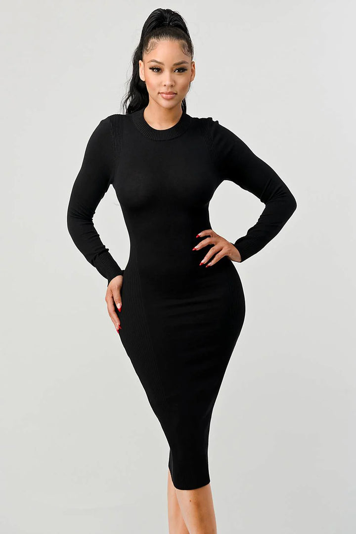 RIB SWEATER KNIT BACK WAIST TIE LONG SLEEVES BODYCON MIDI DRESS - Vella Moda