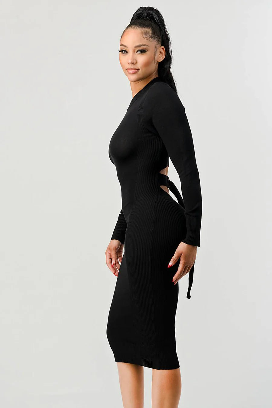 RIB SWEATER KNIT BACK WAIST TIE LONG SLEEVES BODYCON MIDI DRESS - Vella Moda