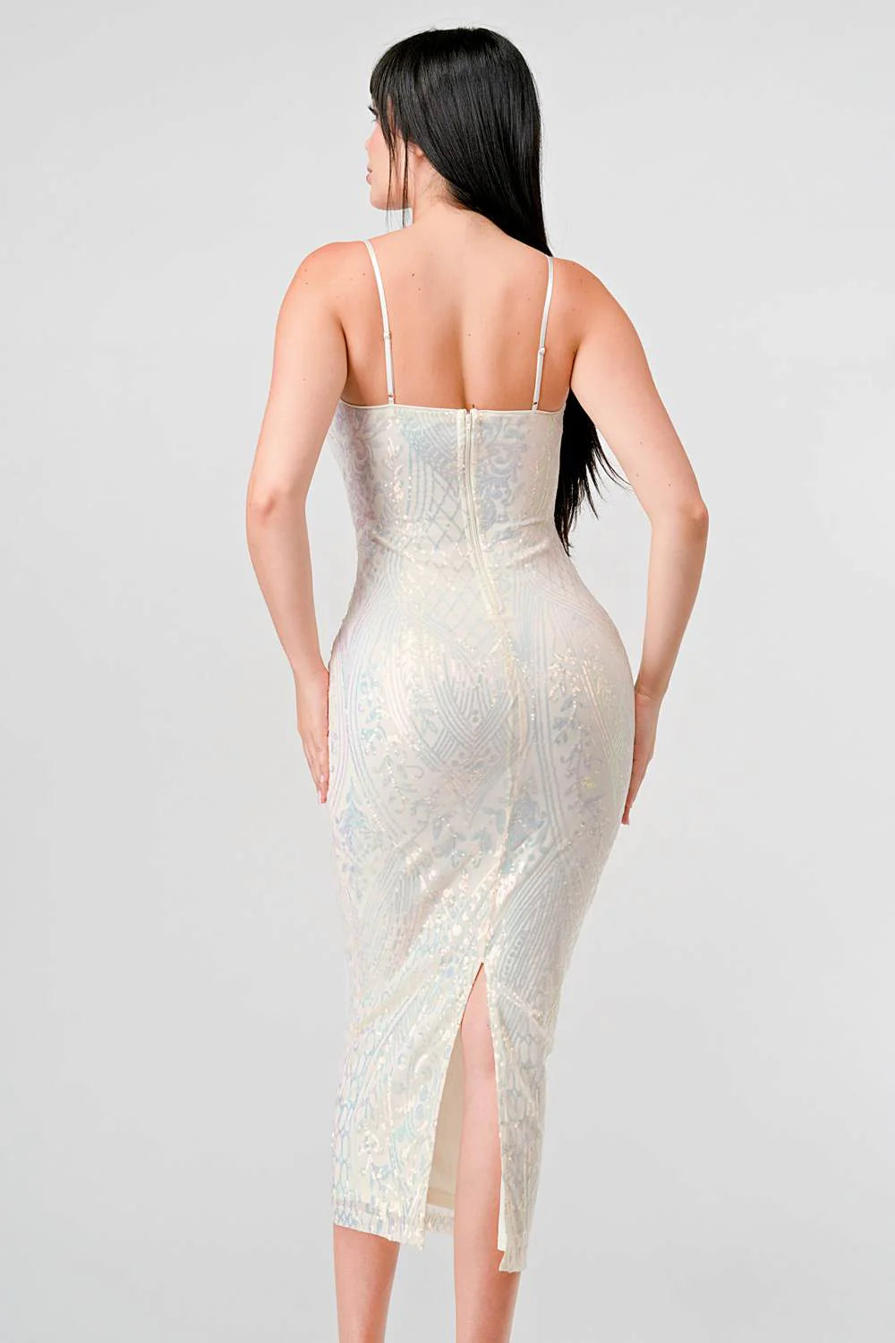 ENCHANTING PATTERN SEQUINS EMBELLISHED BACK SLIT MIDI DRESS - Vella Moda