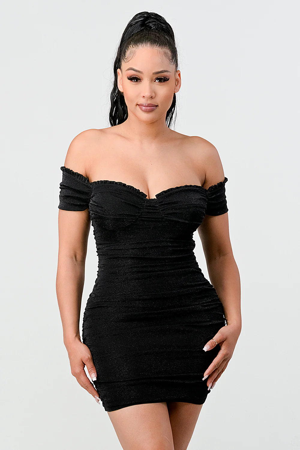 LUX SHINY METALIC GLITTER RUFFLED OFF SHOULDER BODYCON MINI DRESS - Vella Moda