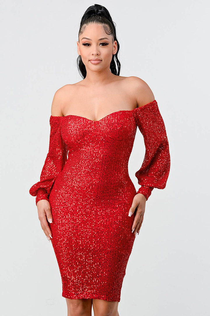 Off Shoulder Puff Sleeves Bodycon - Vella Moda
