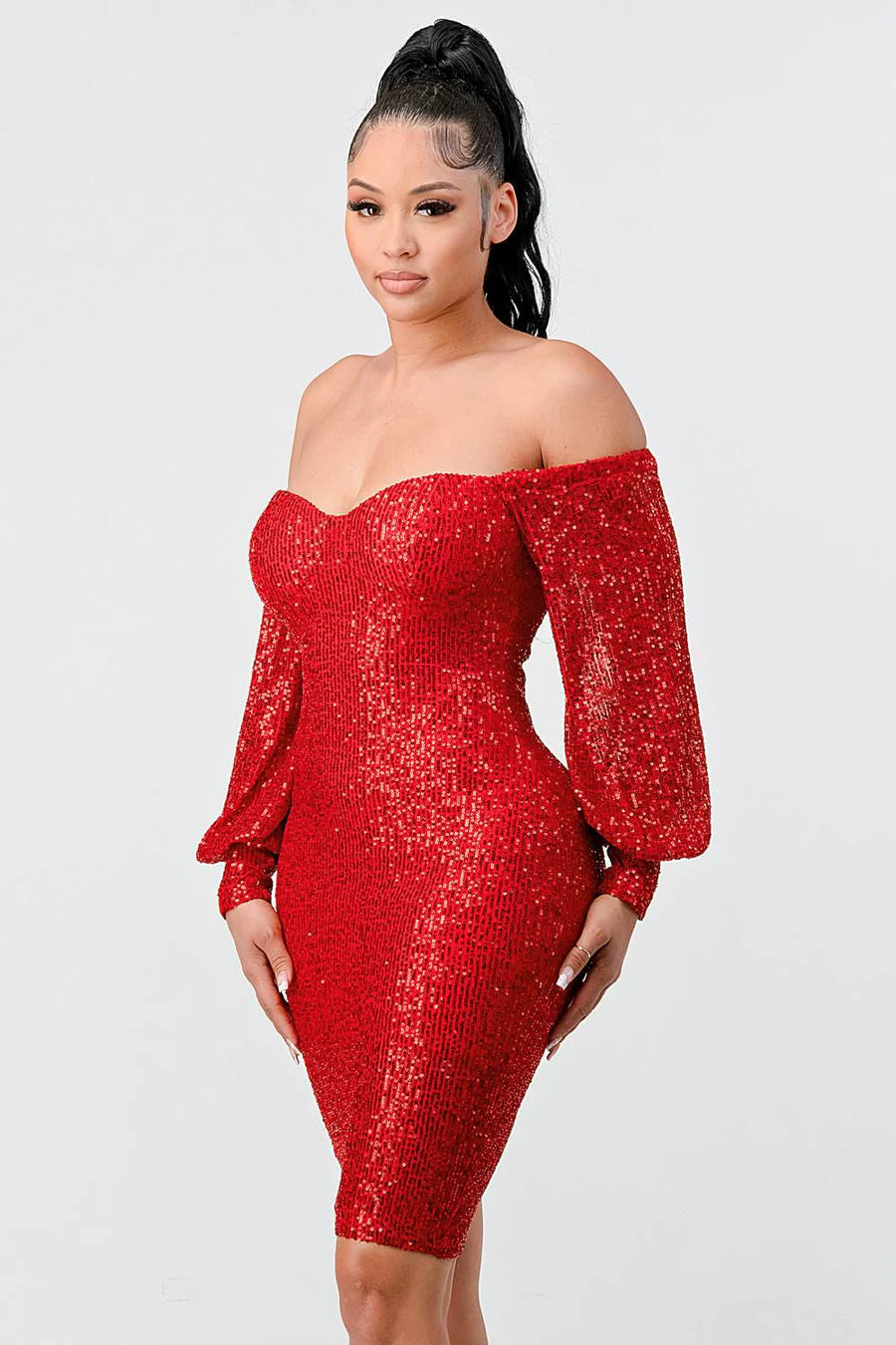 Off Shoulder Puff Sleeves Bodycon - Vella Moda