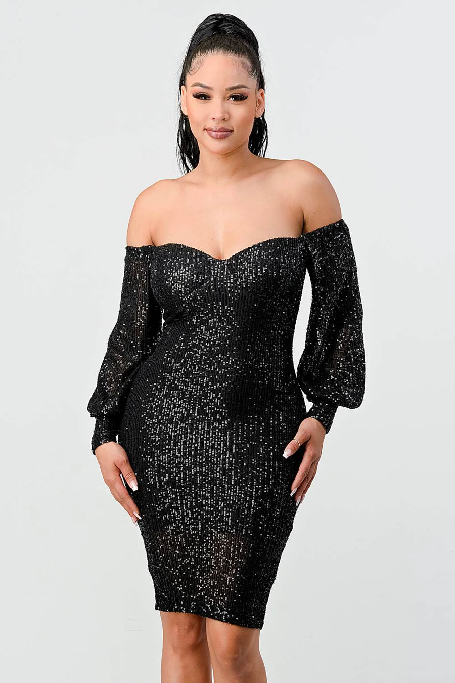 Off Shoulder Puff Sleeves Bodycon - Vella Moda