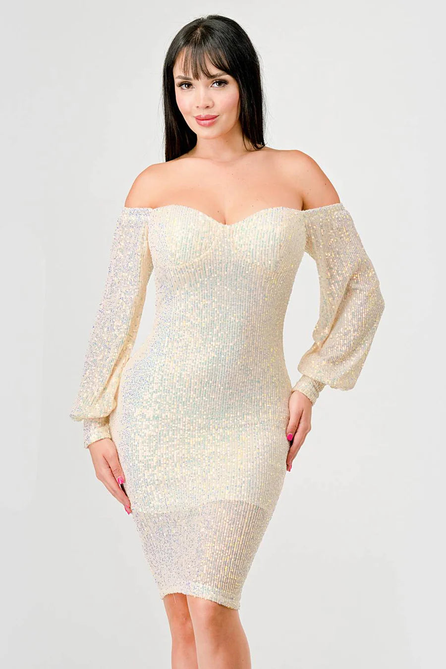 Off Shoulder Puff Sleeves Bodycon - Vella Moda