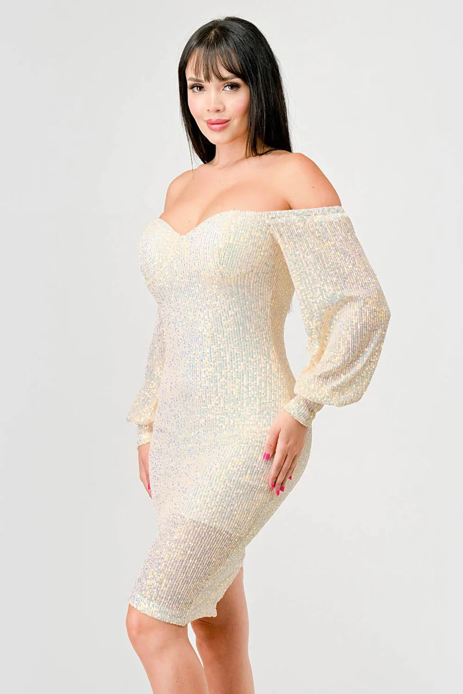 Off Shoulder Puff Sleeves Bodycon - Vella Moda