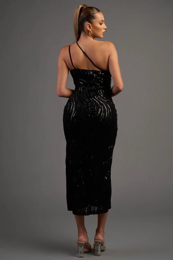 LUXE WAVE SEQUINS ASYMMERTIC SHOULDER MIDI DRESS - Vella Moda