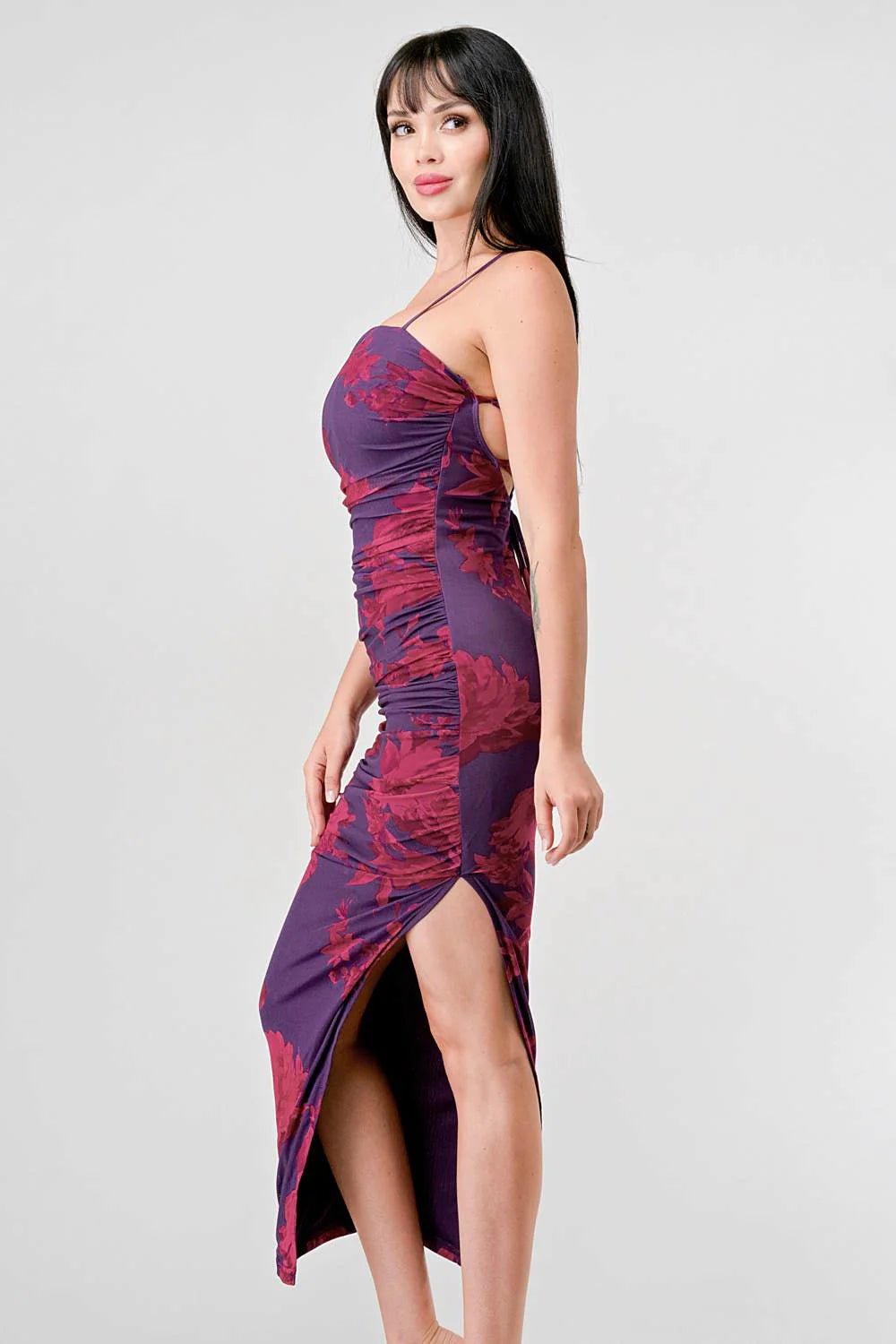 FLORAL PRINT MESH SIDE SLIT DRAWSTRING BACK SLITTED BODYCON MIDI DRESS - Vella Moda
