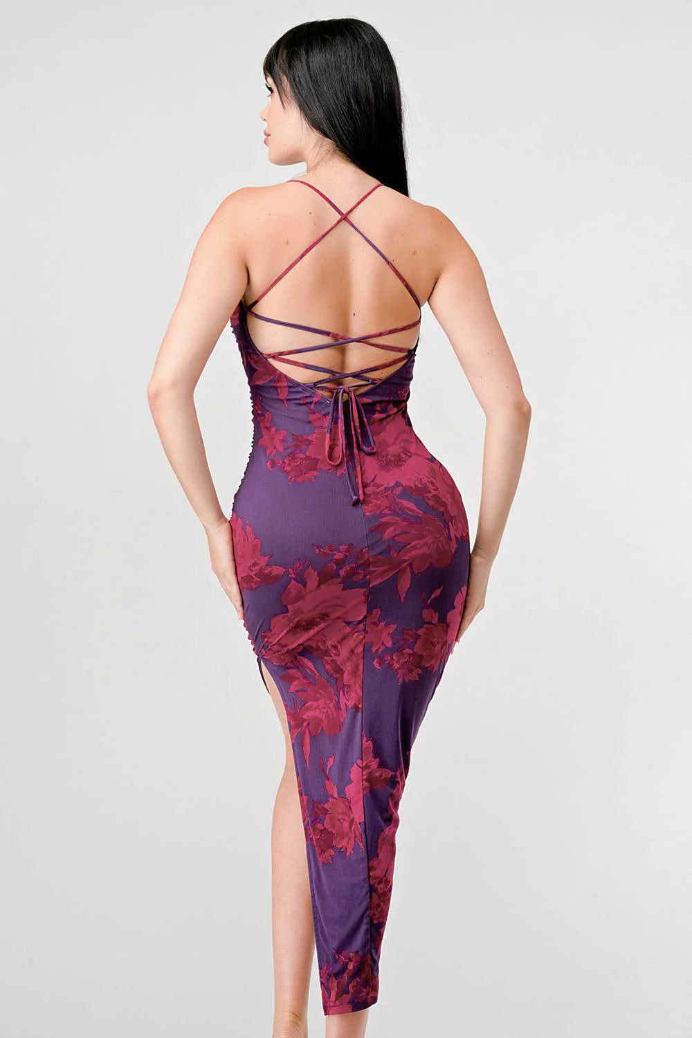 FLORAL PRINT MESH SIDE SLIT DRAWSTRING BACK SLITTED BODYCON MIDI DRESS - Vella Moda