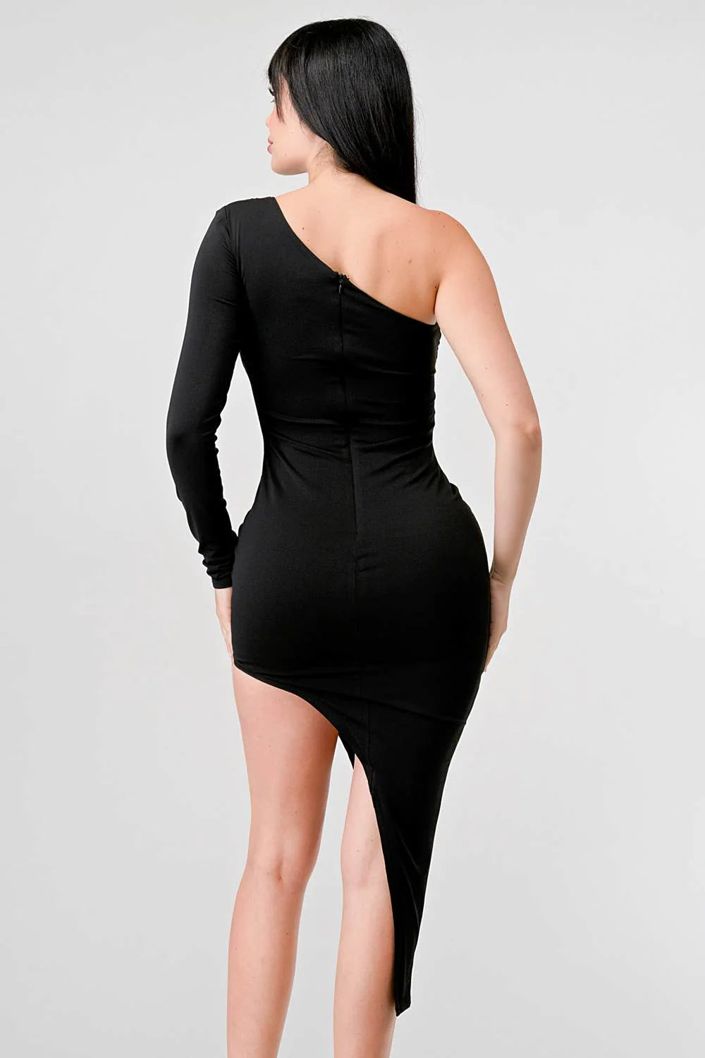 SEXY ITY ONE SHOULDER SEMI SHEER ASYMMETRIC HEM MIDI DRESS - Vella Moda