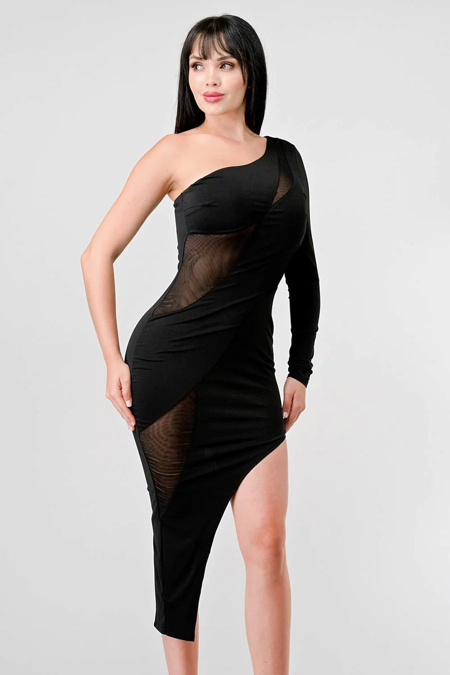 SEXY ITY ONE SHOULDER SEMI SHEER ASYMMETRIC HEM MIDI DRESS - Vella Moda