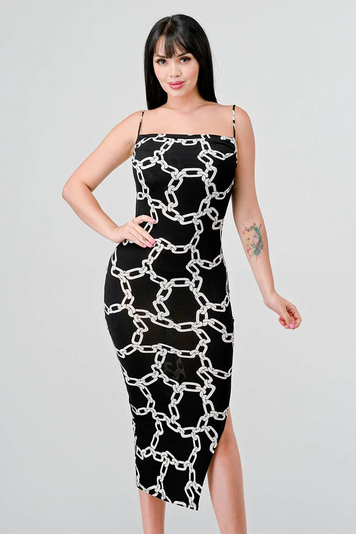CHIC ALL OVER CHAIN PRINTED SIDE SLIT MIDI DRESS - Vella Moda