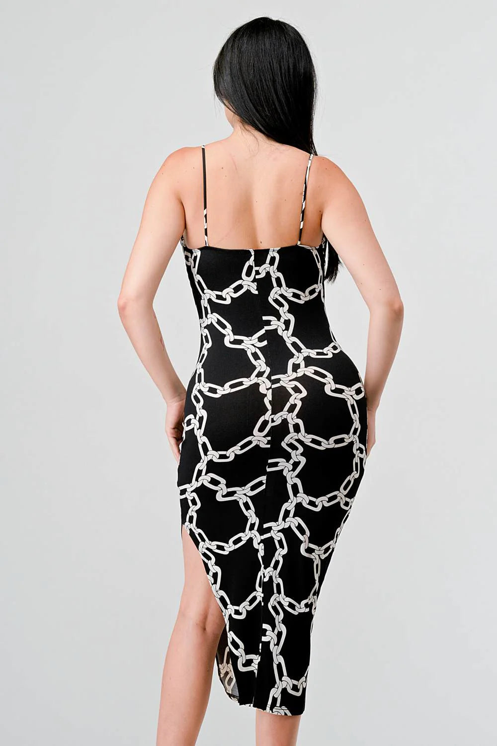 CHIC ALL OVER CHAIN PRINTED SIDE SLIT MIDI DRESS - Vella Moda
